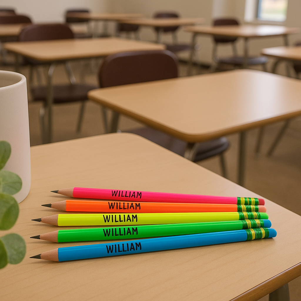 Custom engraved pencils with different fonts and colors – personalized stationery, gift set, and unique writing supplies