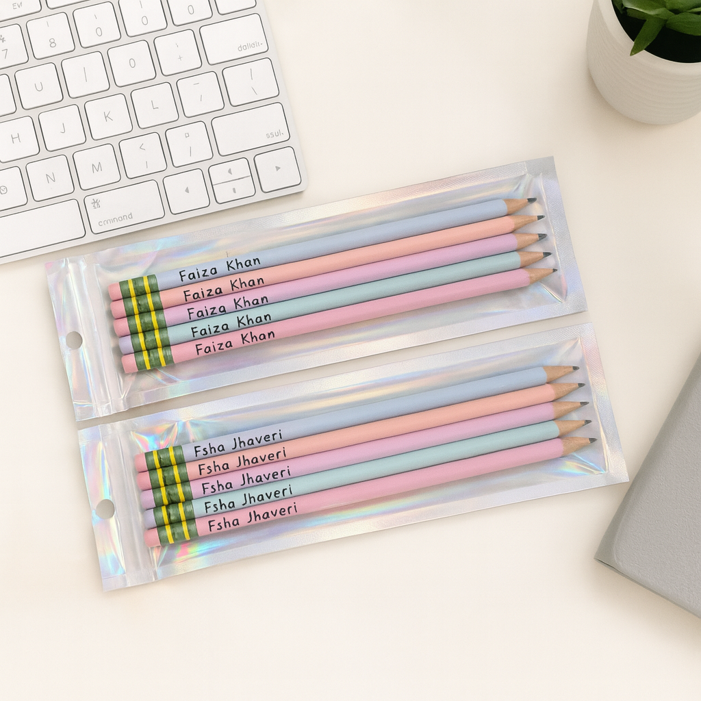 Custom engraved pencils with different fonts and colors – personalized stationery, gift set, and unique writing supplies