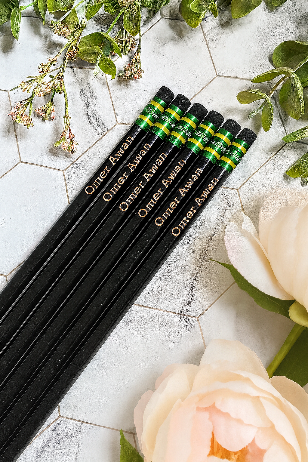 Personalized engraved pencil on notebook and desk – unique office supplies and corporate stationery gift